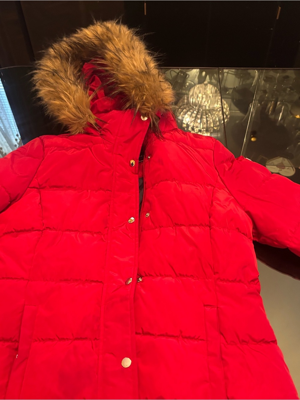 Tommy Hilfiger Red Quilted Hooded Puffer with Faux-Fur Trim